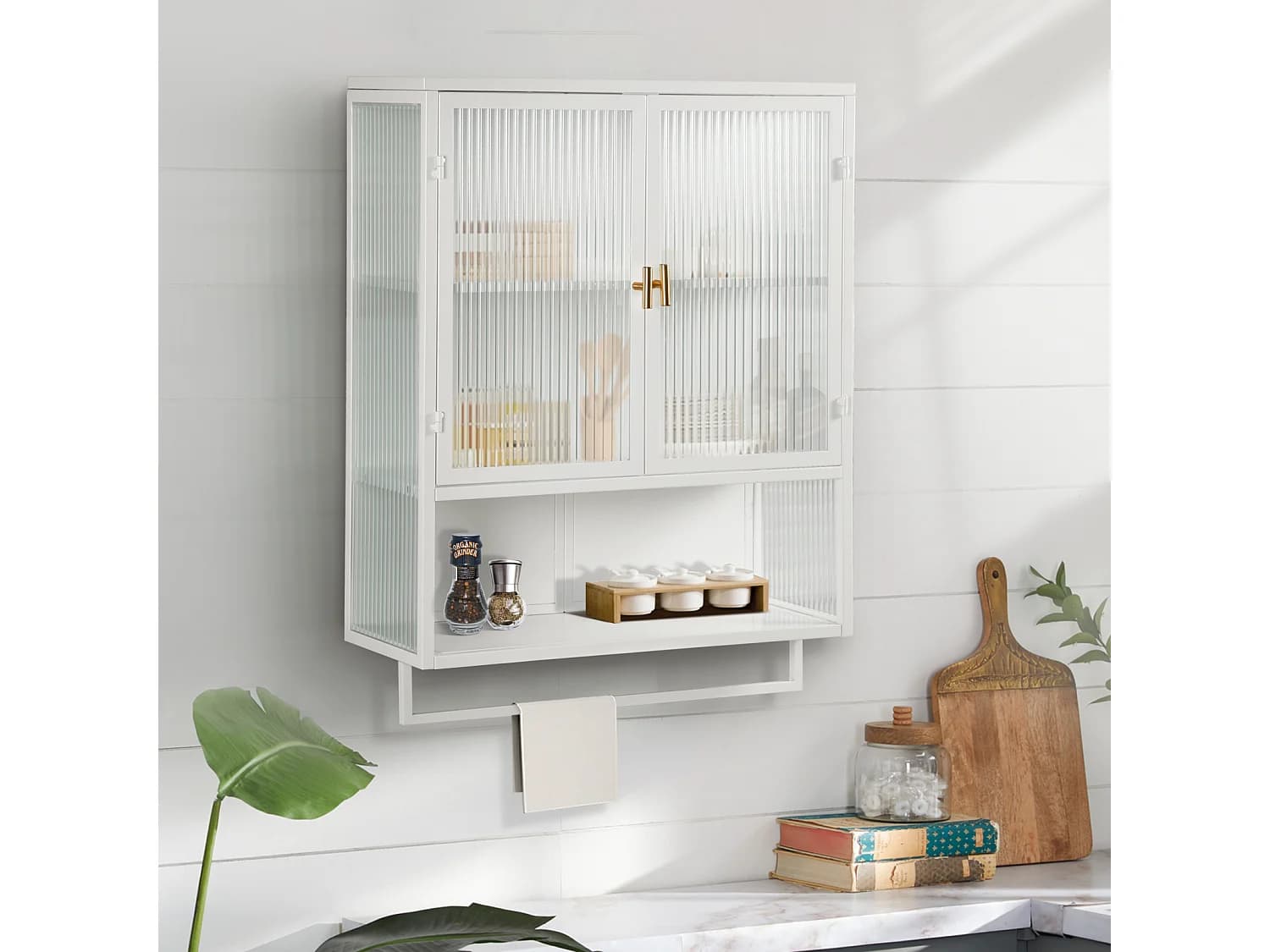 Armoire murale, style rétro, en verre, avec étagères amovibles, salles à manger, salons, blanc