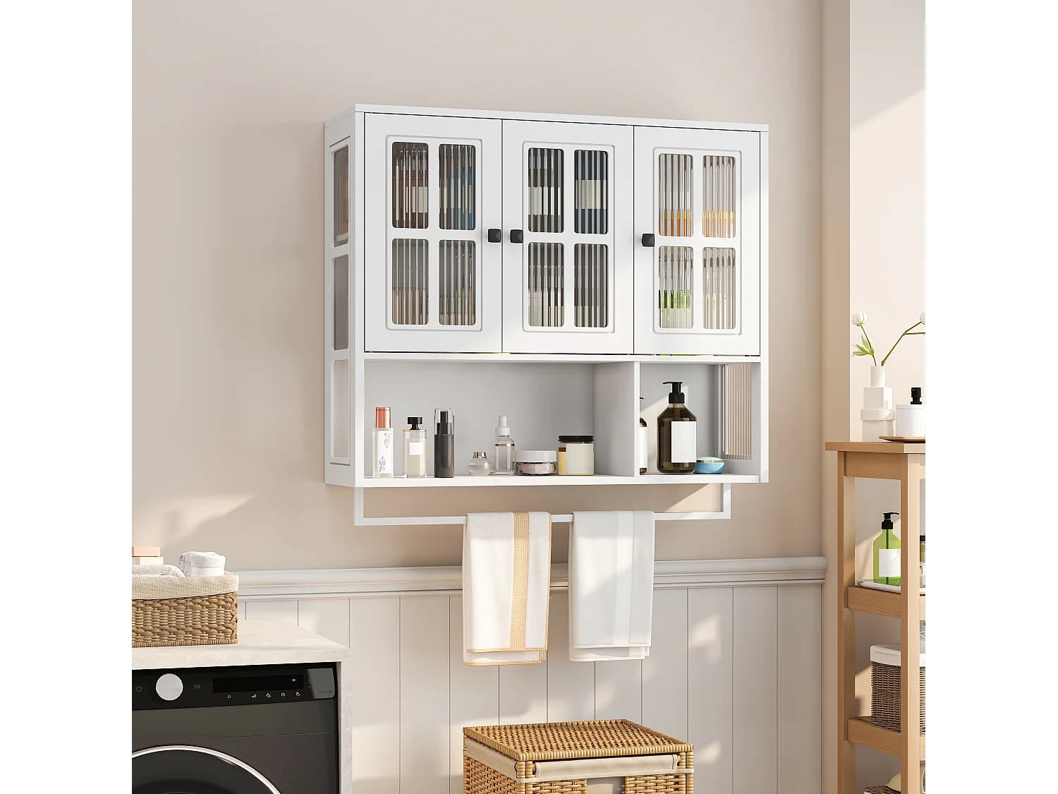 Armoire murale de salle de bain, 3 portes avec espace de rangement ouvert et caché, 88x26x69cm,Blanc