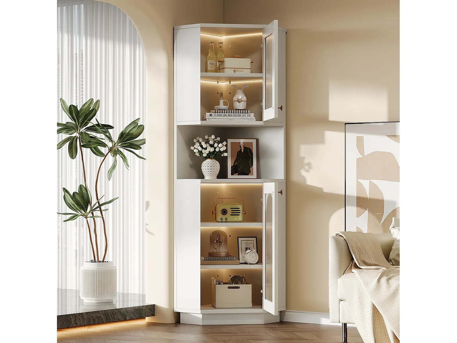 Colonne d'angle de salle de bain - avec 2 portes + 1 niche de rangement + Leds - 45 x 45 x 166.5 cm - MDF - blanc