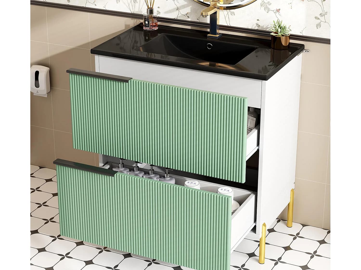 Meuble de salle de bain - avec une vasque en céramique - avec 2 tiroirs - vert + Blanc (robinet non inclus)