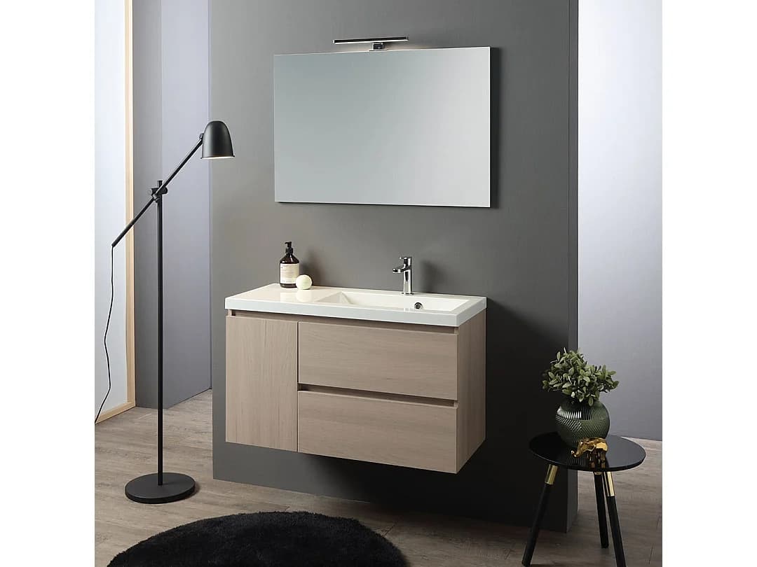 Meuble De Salle De Bains Suspendu En Orme De 90Cm Avec Lavabo Décentré À Droite | Malaga