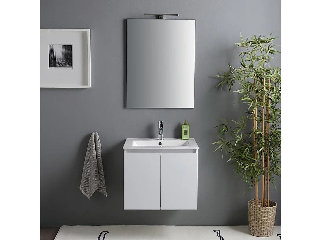 Meuble Salle De Bain 60 Cm Portes Blanc Brillant Avec Lavabo Et Miroir Avec Lampe | Benaco