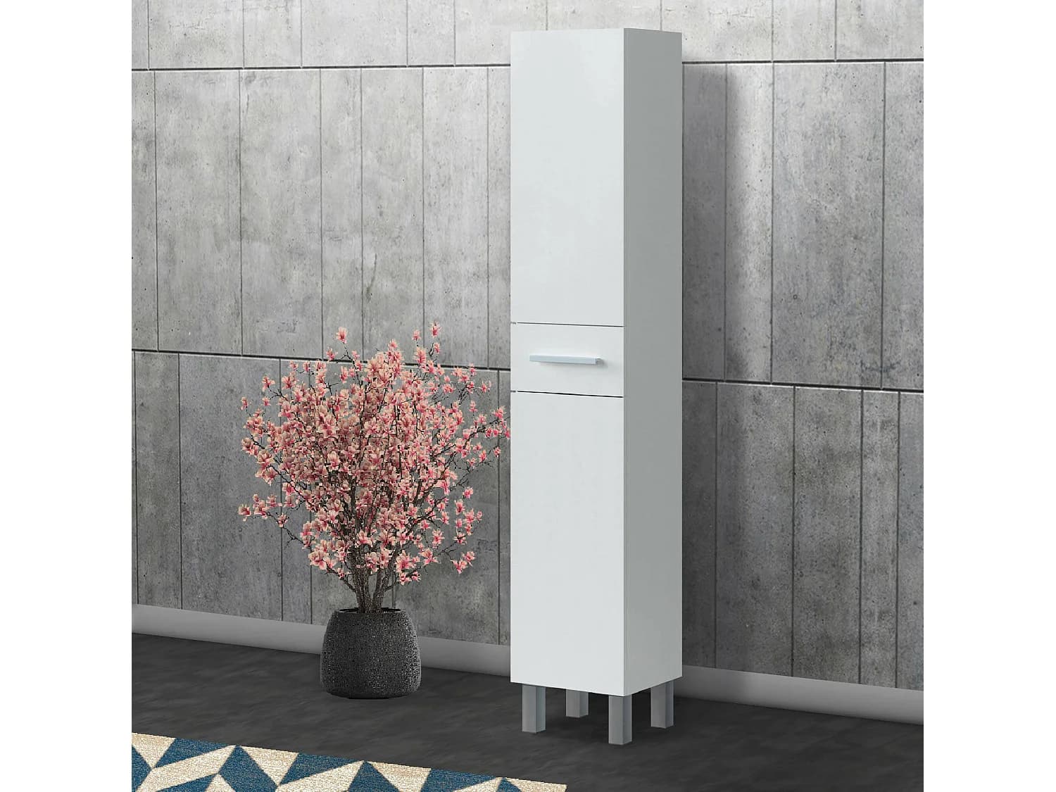 Colonne de salle de bain Dokerek, Élément mural de salle de bain avec 2 portes et 1 tiroir, Armoire haute, 35x31h182 cm, Blanc brillant