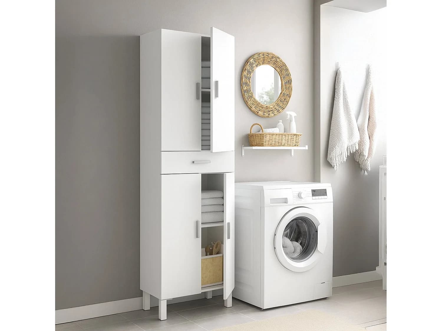 Armoire polyvalente Oxnard, Meuble de salle de bain ou buanderie avec 4 portes et 1 tiroir, Armoire à chaussures polyvalente, 60x29h182 cm, Blanc brillant