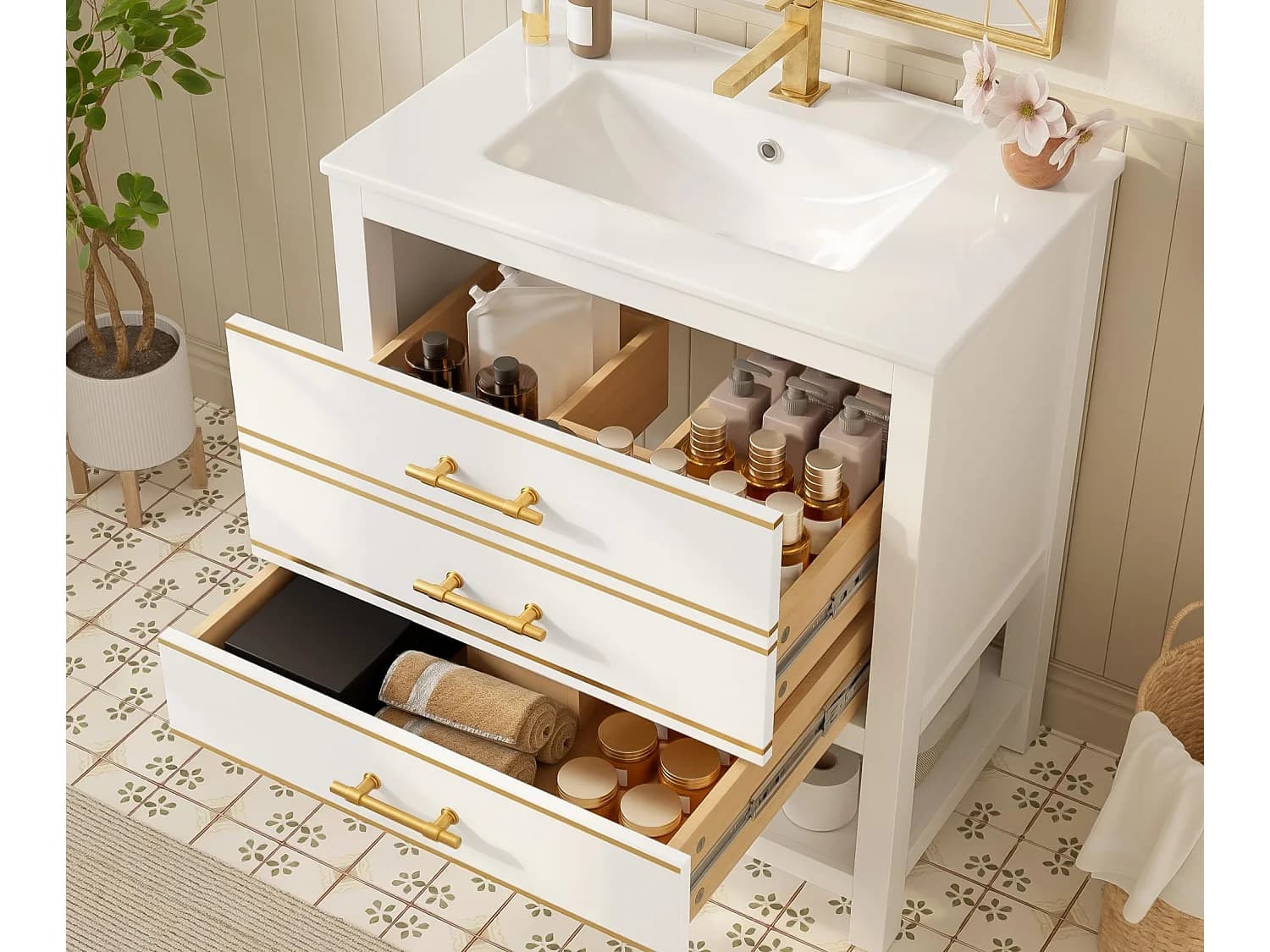 Meuble de salle de bain - avec une vasque en céramique - avec 2 tiroirs et 1 compartiment ouvert - blanc (robinet non inclus)