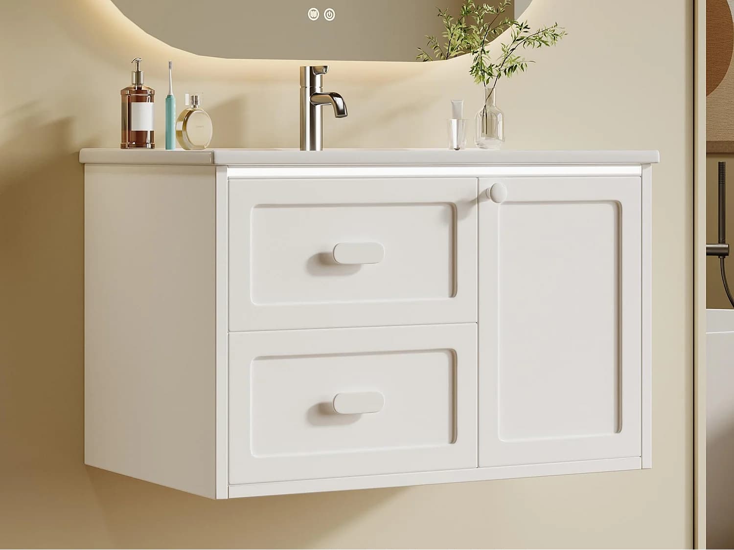 Meuble de salle de bain suspendu 76x46x51 cm - avec une vasque en céramique - 2 tiroirs et 1 porte - avec LED - Blanc