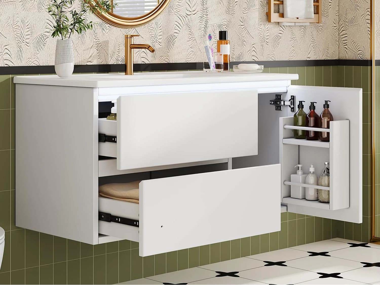 Meuble de salle de bain suspendu 91x46.5x50.5 cm - avec une vasque en céramique - avec éclairage LED - 2 tiroirs et 1 porte - Blanc