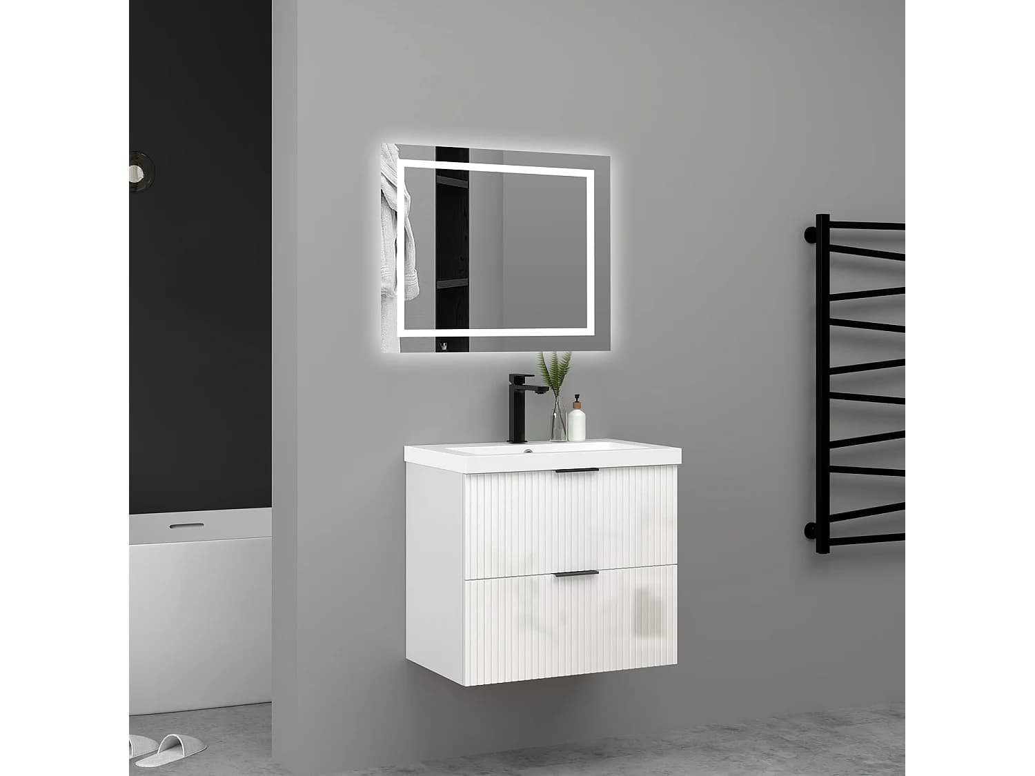 Meuble de salle de bain suspendu Strié Brillant 80cm avec simple lavabo + 2 tiroirs, Blanc
