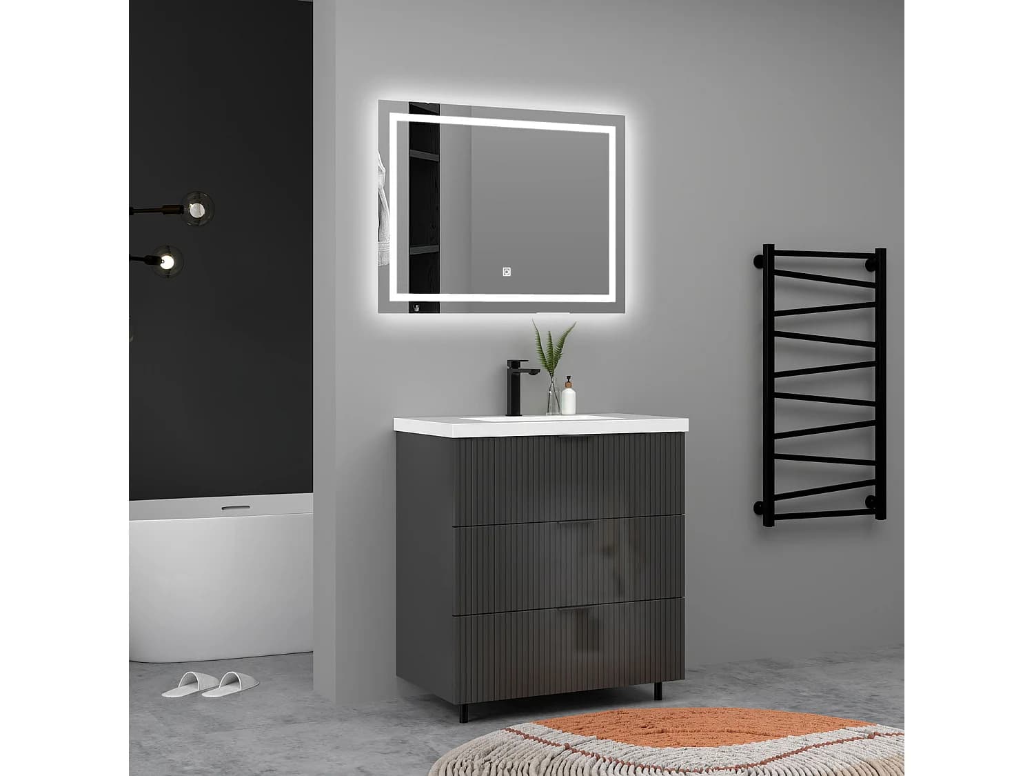 Meuble de salle de bain Strié Brillant, Meuble de sol 80cm avec simple vasque + 3 tiroirs, Anthracite