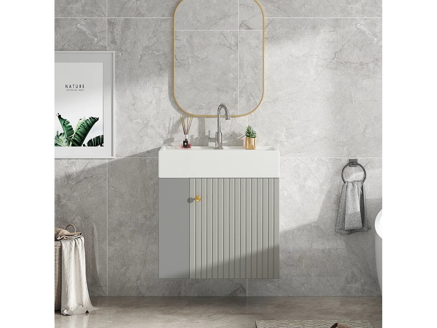 Meuble vasque suspendu 55x31x66,5 cm avec rangement sous vasque, céramique blanc+Panneaux de particules gris