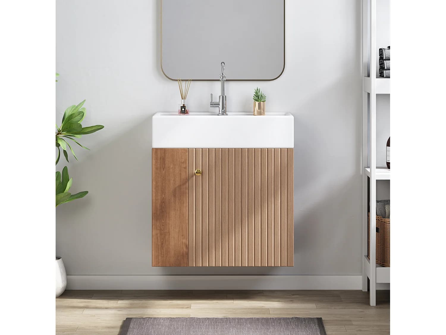 Meuble vasque suspendu 55x31x66,5 cm avec rangement sous vasque, style simple, céramique blanc + MDF marron