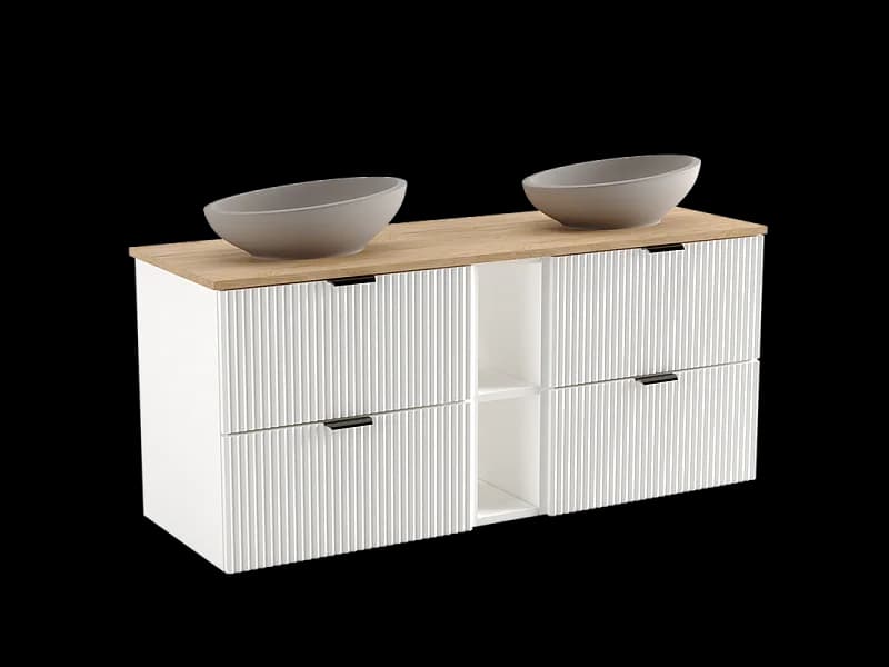 Ensemble de salle de bain blanc 140 cm Façades rainurées Plan de travail en noyer