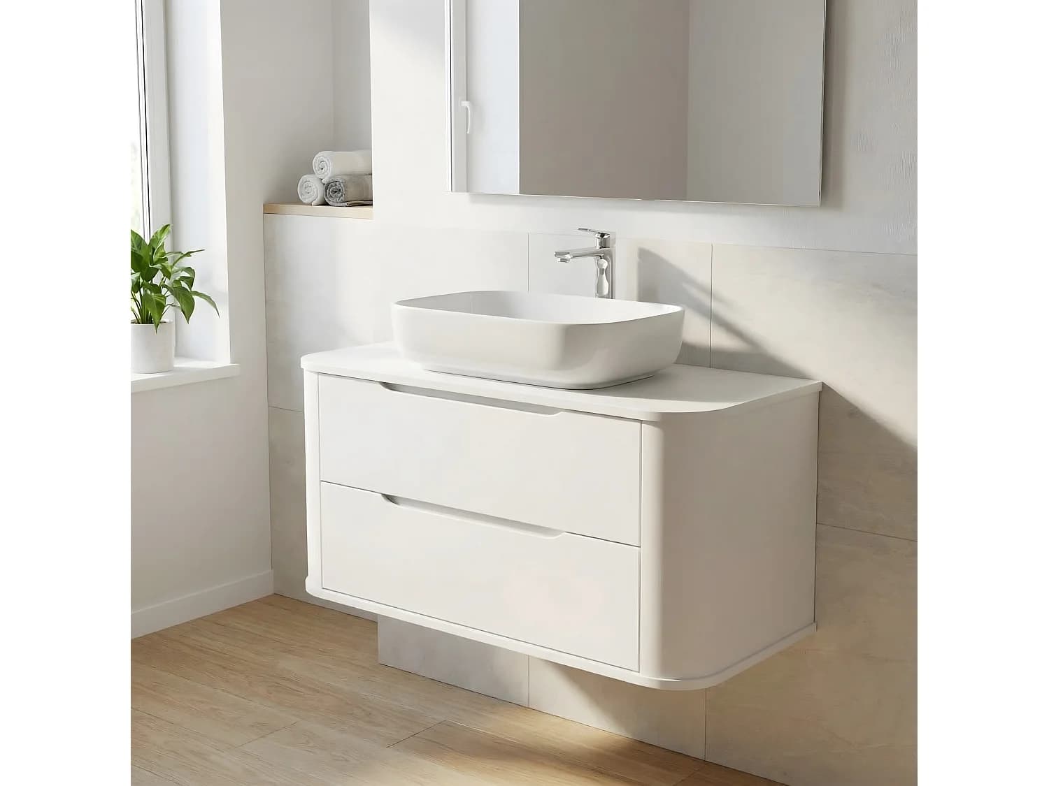 Meuble sous lavabo blanc avec plateau 100 cm, côtés arrondis et plateau