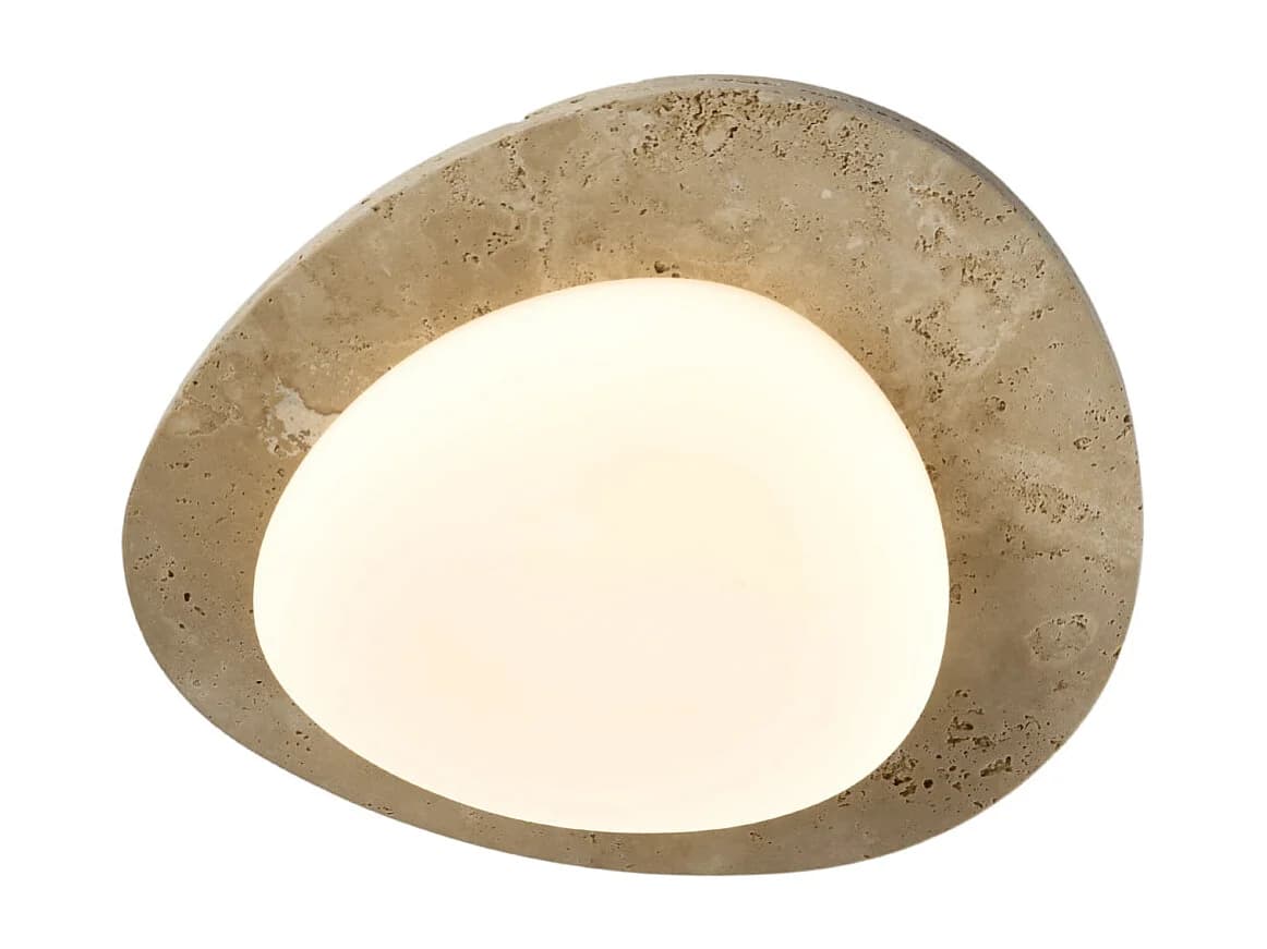Applique ou plafonnier rond LED en travertin beige avec diffuseur blanc - Nyméria