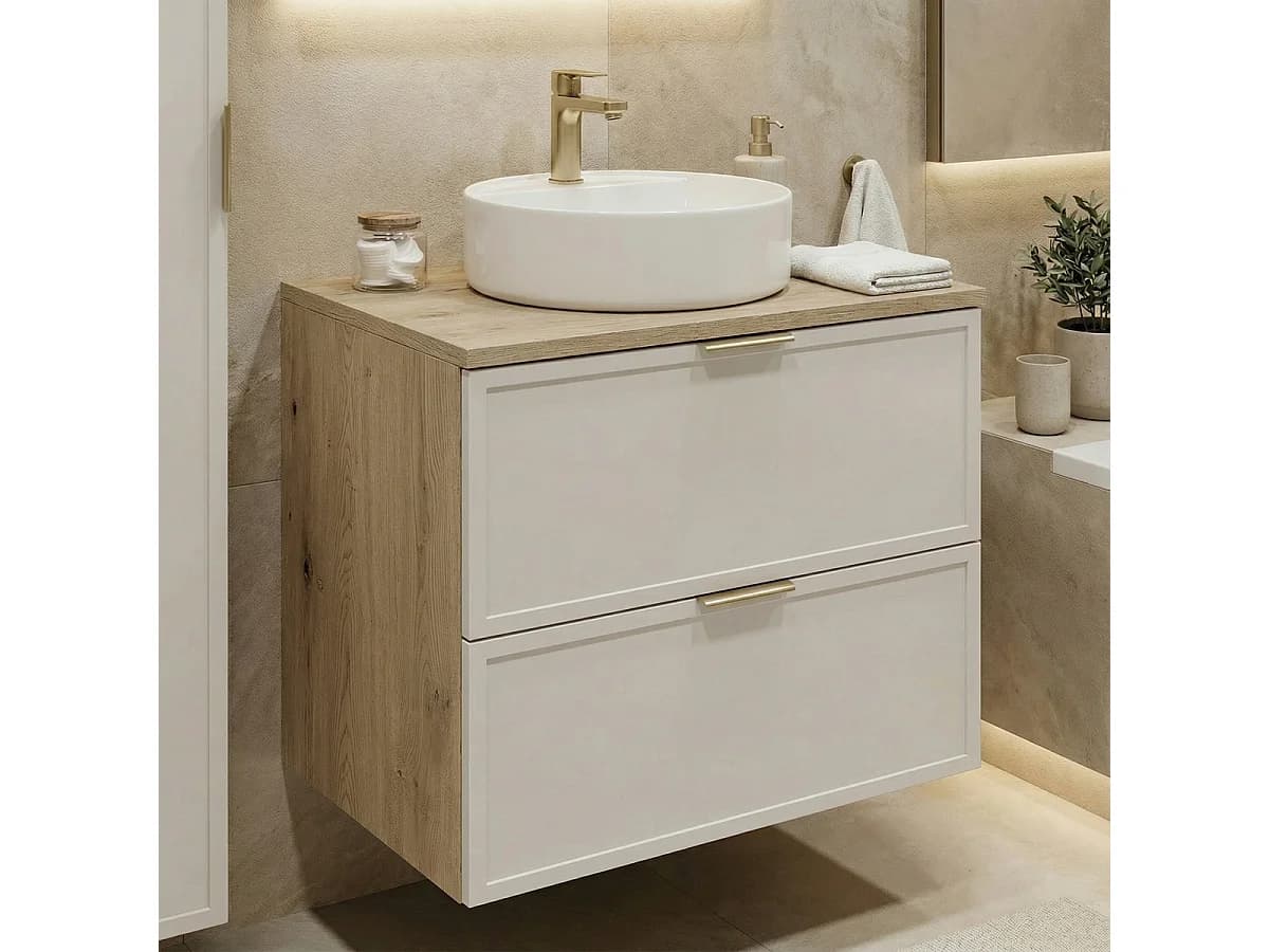 Meuble sous lavabo avec plateau 80 cm Façades Cadre Chêne Cremona / Cachemire Roma