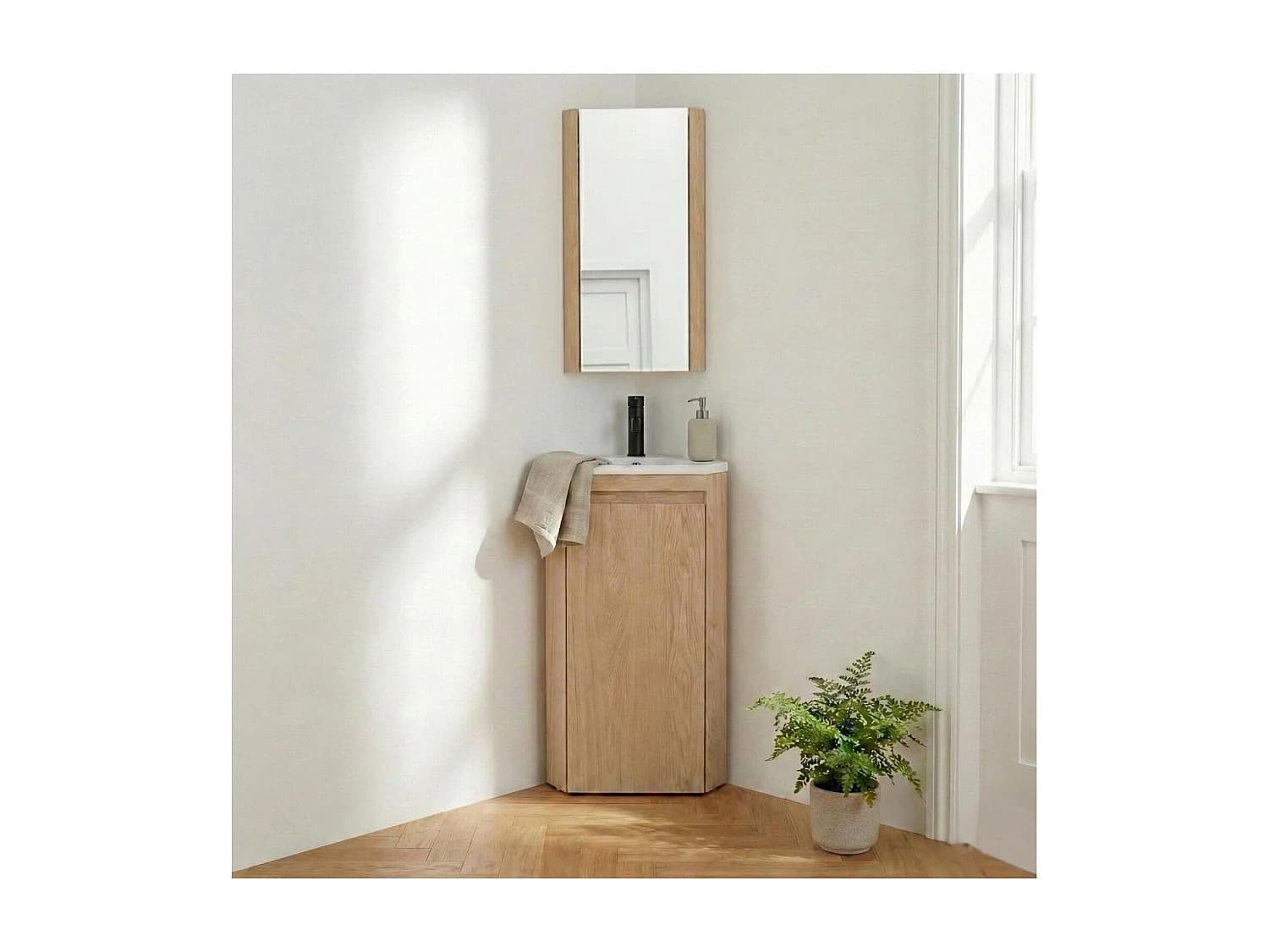 Ensemble lave-mains d'angle sur pieds avec robinet et armoire SORRENTO