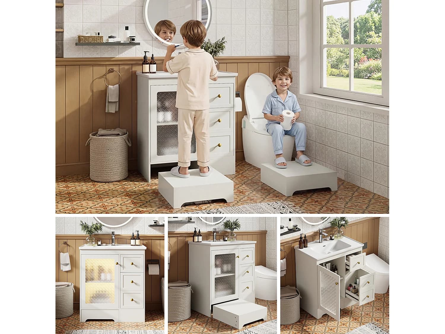 Meuble simple vasque en céramique lisse - 80 x 50 x 87 cm - avec repose-pieds dissimulé + Leds + tiroirs + porte - MDF - blanc