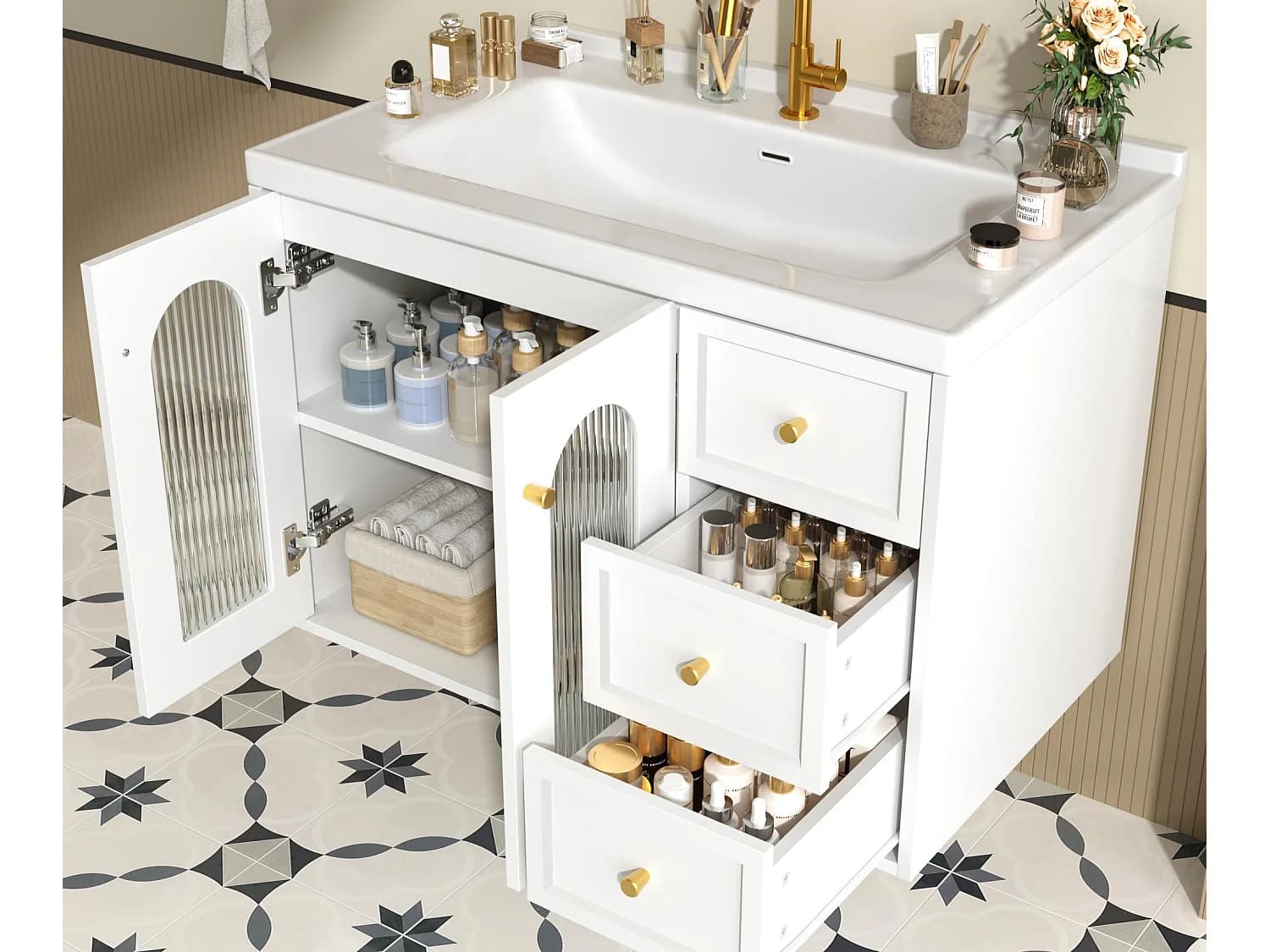 Meuble de salle de bain suspendu - avec une vasque en céramique - avec 2 tiroirs et 2 portes vitrées - blanc (robinet non inclus)