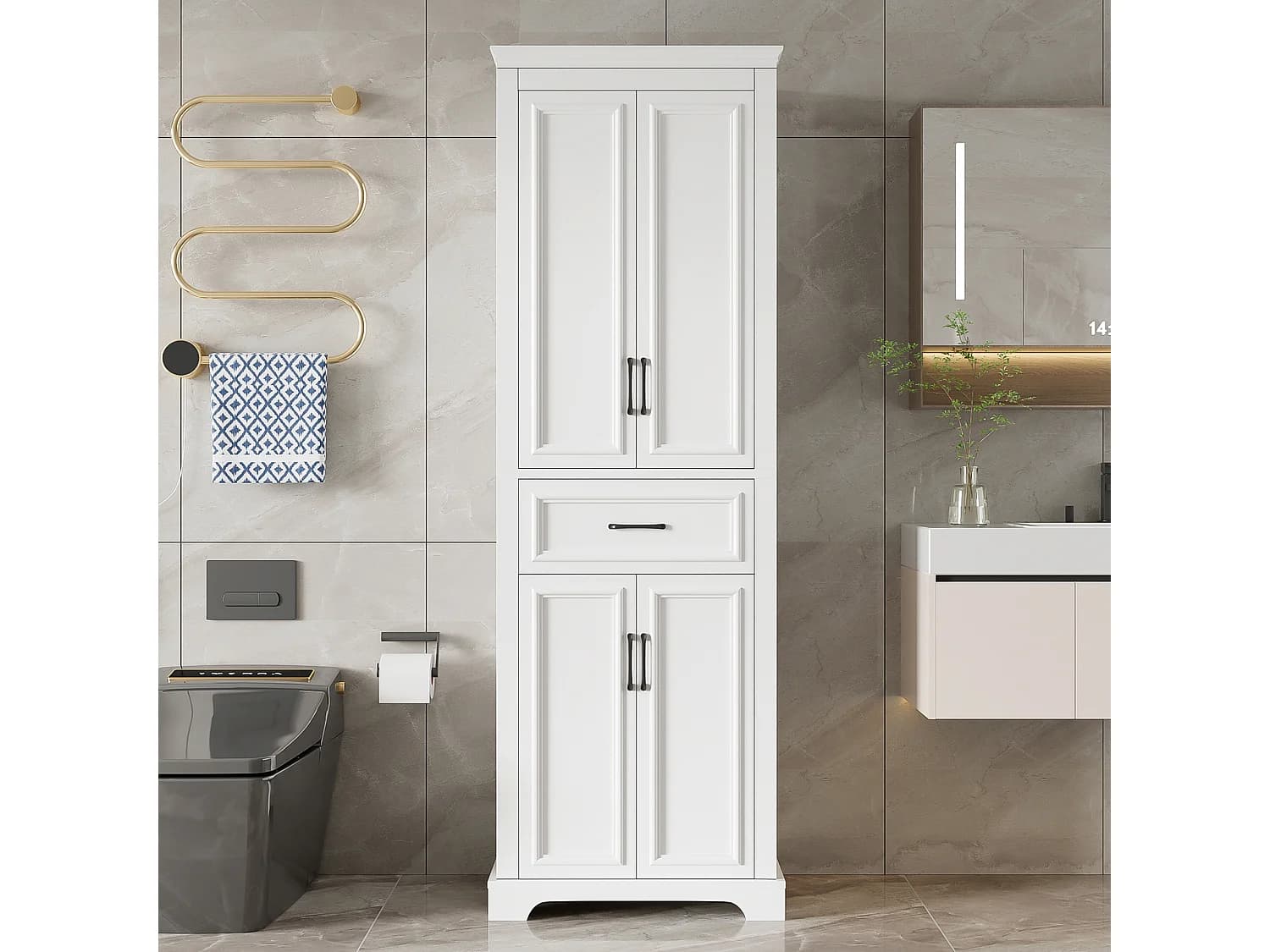 Meuble de salle de bain 60x40x180 cm - avec 1 tiroir et 4 portes - étagères réglables - MDF - Blanc