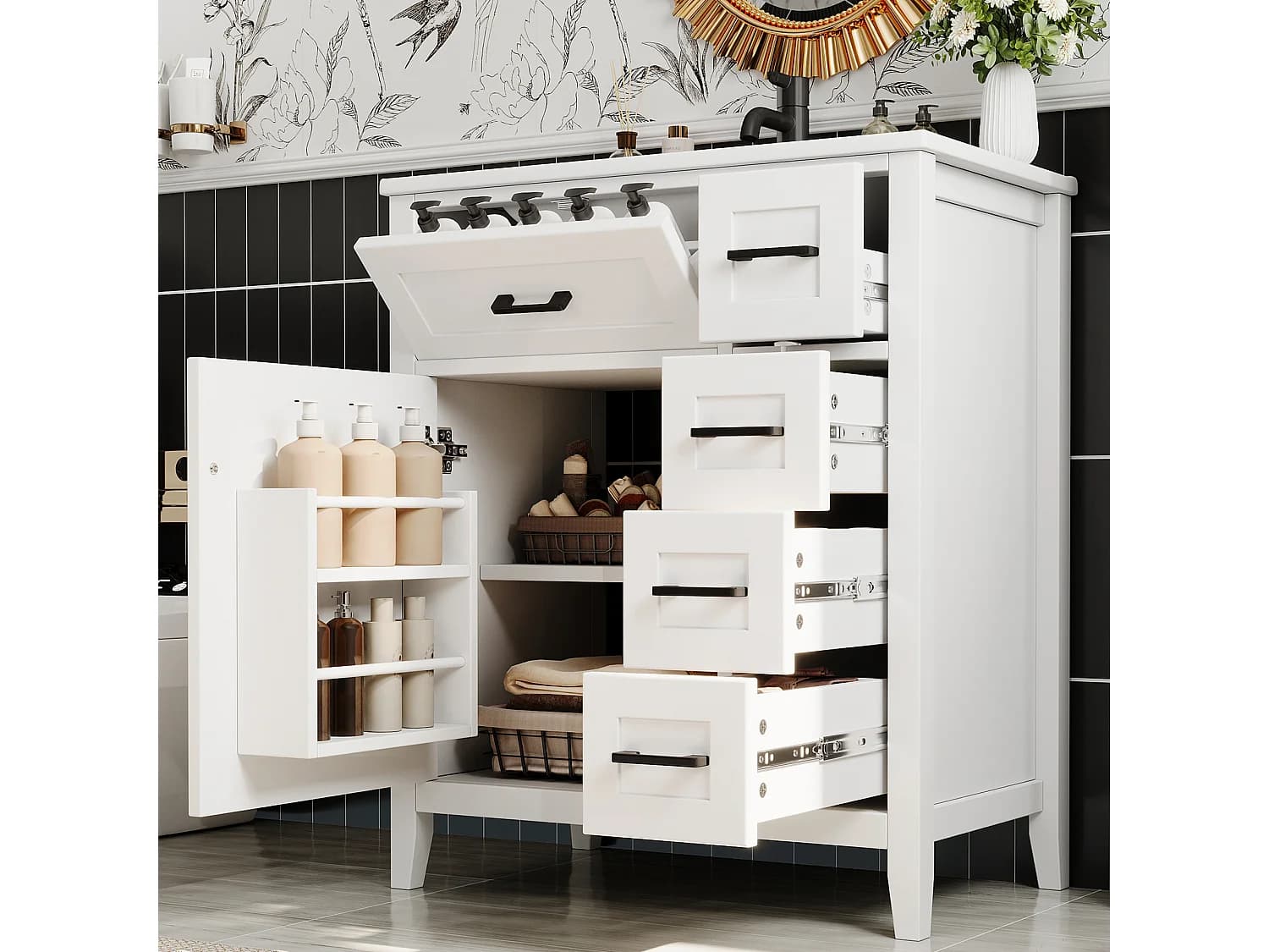 Meuble de salle de bain sur pied 76x46x90 cm - Vasque céramique intégrée - 5 tiroirs et 1 porte - Finition laquée - MDF - Blanc