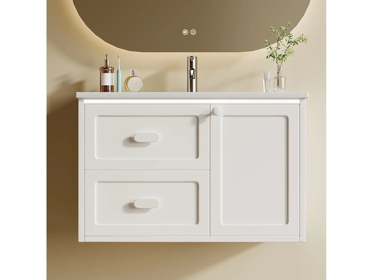 Meuble de salle de bain suspendu avec 2 tiroirs et LED - Blanc