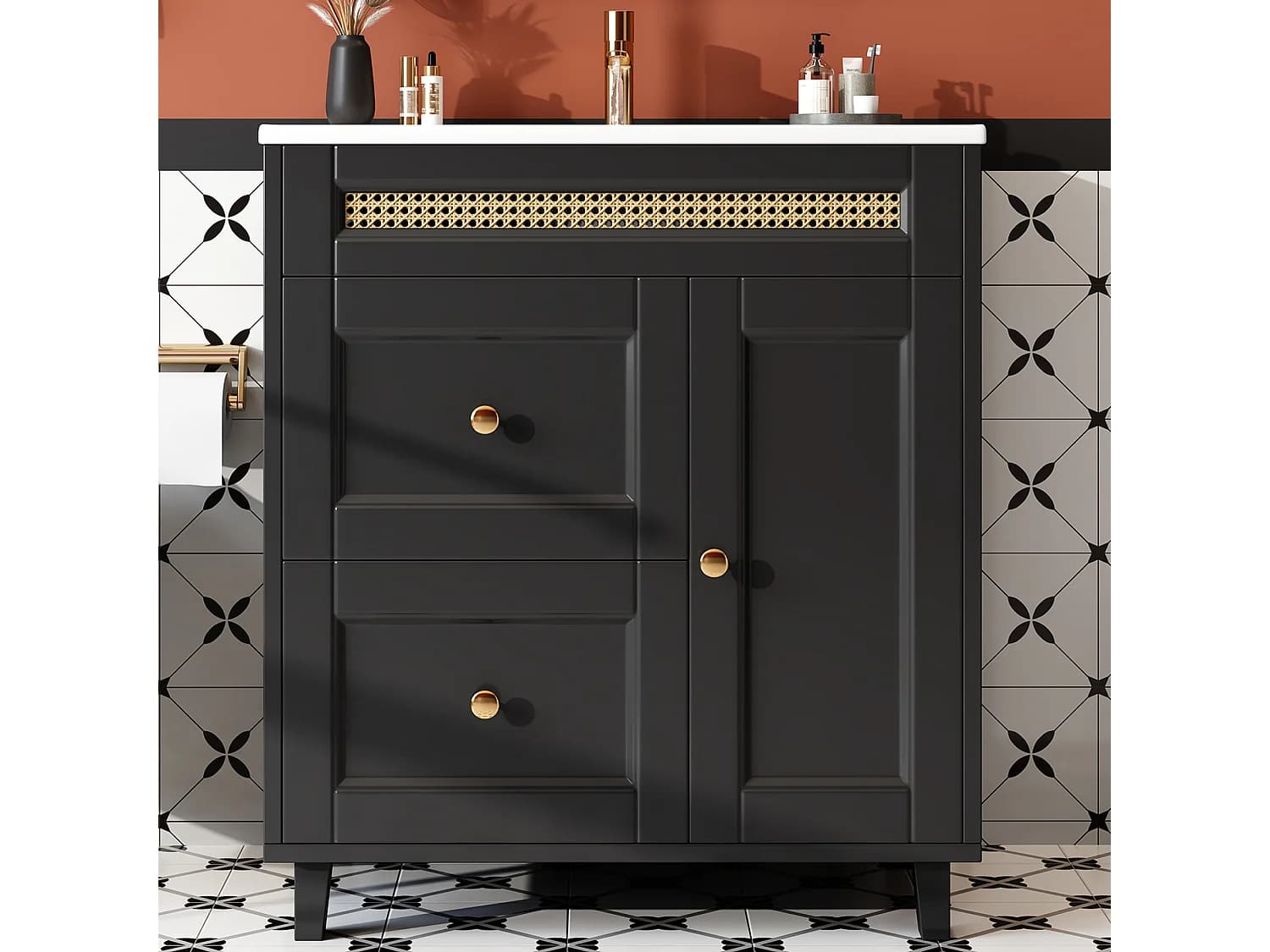 Meuble de salle de bain sur pied - Avec vasque en céramique + 2 tiroirs - Noir