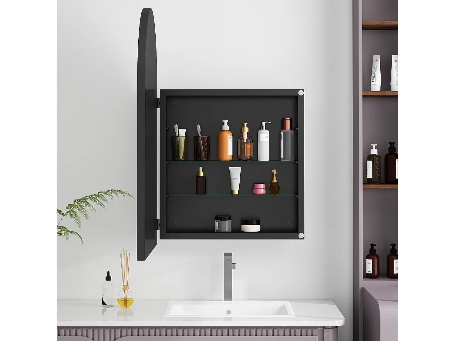 Miroir arquée avec rangement caché - Cadre en métal - Noir