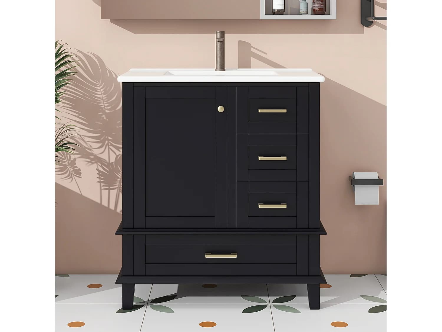 Meuble sous-lavabo avec 3 tiroirs et lavabo céramique noir 76x46x83.5 cm