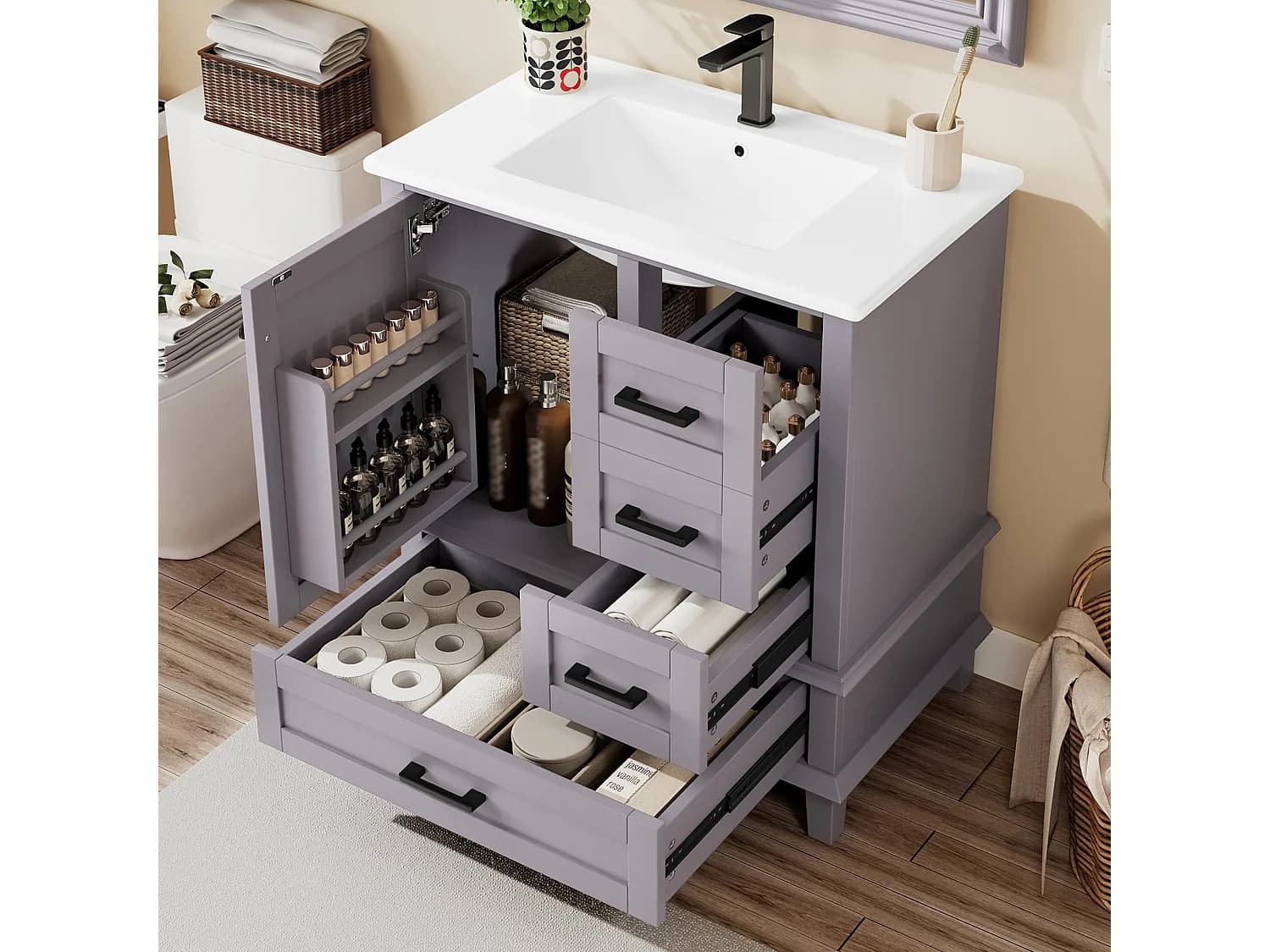 Meuble sous-lavabo avec 3 tiroirs et lavabo céramique gris 76x46x83.5 cm