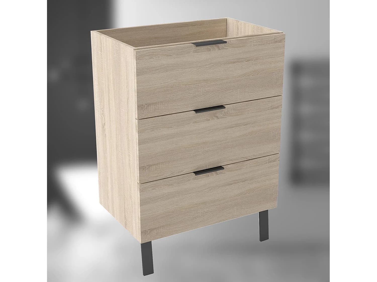 AICA SARL. Meuble de salle de bain mural avec pieds, sans lavabo, 60 cm, 3 tiroirs - Chêne
