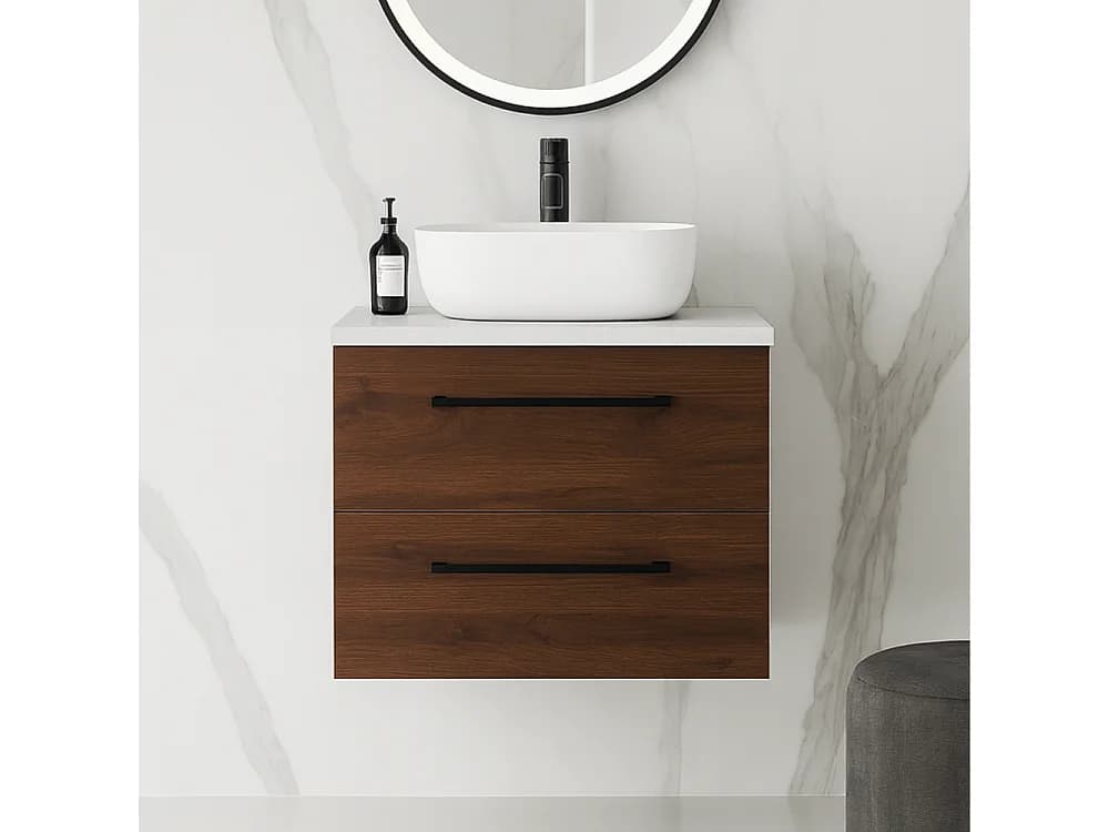 Meuble de salle de bain suspendu 80 cm - noyer - 2 tiroirs - ONE