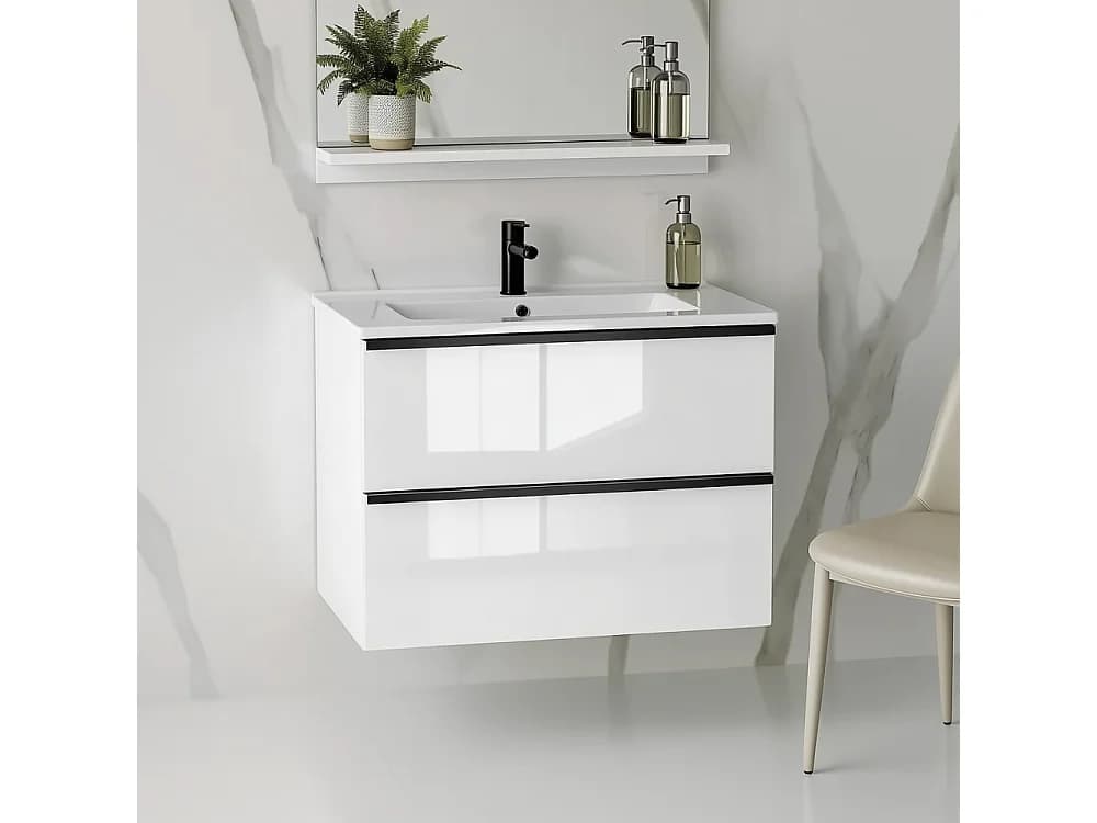 Meuble de salle de bain suspendu ONE 80 cm avec lavabo - 2 tiroirs - blanc brillant - ONE
