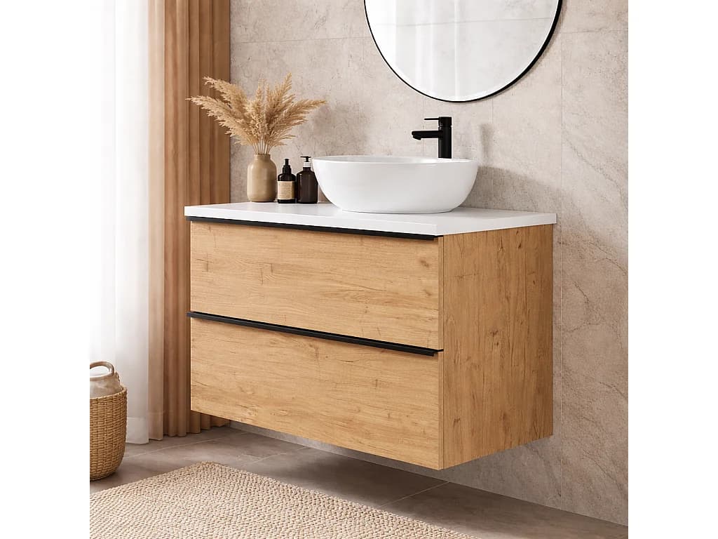 Meuble de salle de bain suspendu 60 cm - chêne craft - 2 tiroirs - ONE