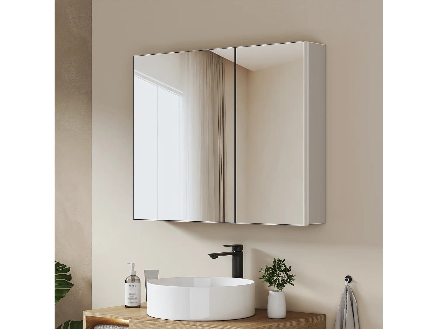 EMKE Armoire de toilette murale 2 portes miroir rangement intégré étagères verre réglables blanc 65 x 80 x 14.5 cm
