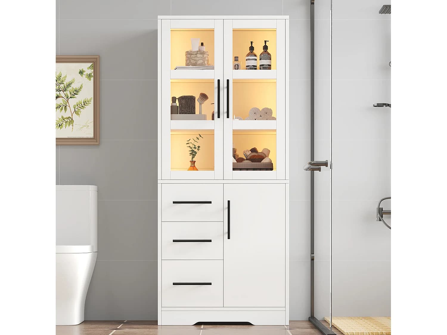 Meuble de salle de bain - 72 x 35 x 170 cm - avec Leds + portes vitrées doubles + 3 tiroirs + 2 placard - MDF + verre - blanc