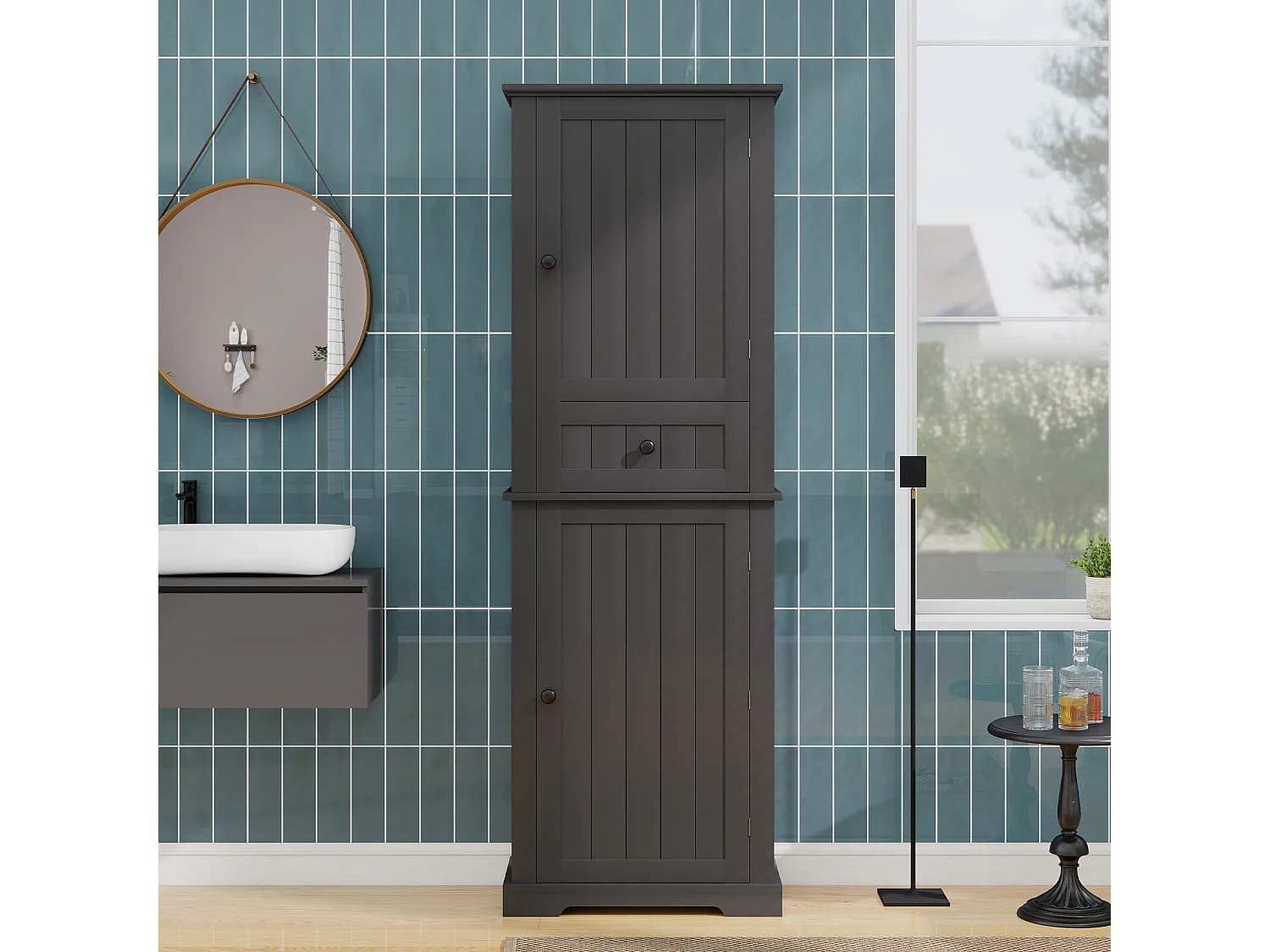 Meuble de salle de bain 56x28x167.3 cm - 2 portes et 1 tiroir - Finition laquée - Étagères réglables - MDF - Noir