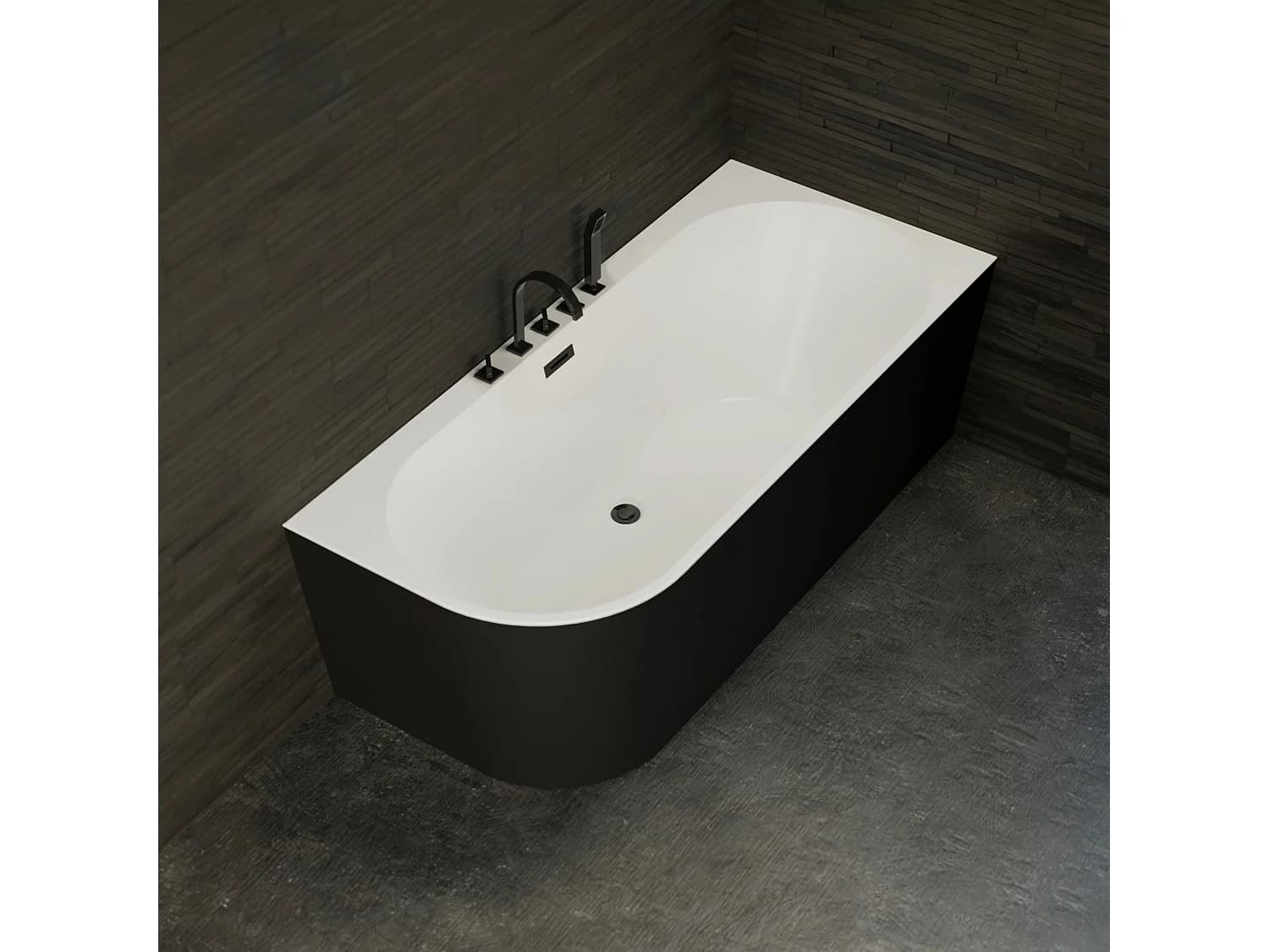 Baignoire Semi-îlot Murale D'angle Capri 170 Droite Noire + Robinetterie Noire Mate 170 X76 X58 Cm, By Spalina