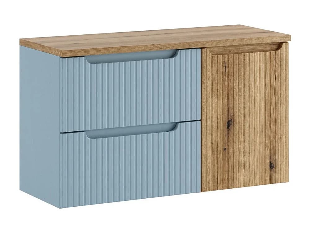 Ensemble VANO bleu denim et chêne clair 100cm : meubles sous vasque à tiroirs et panier à linge intégré + plan pour vasque