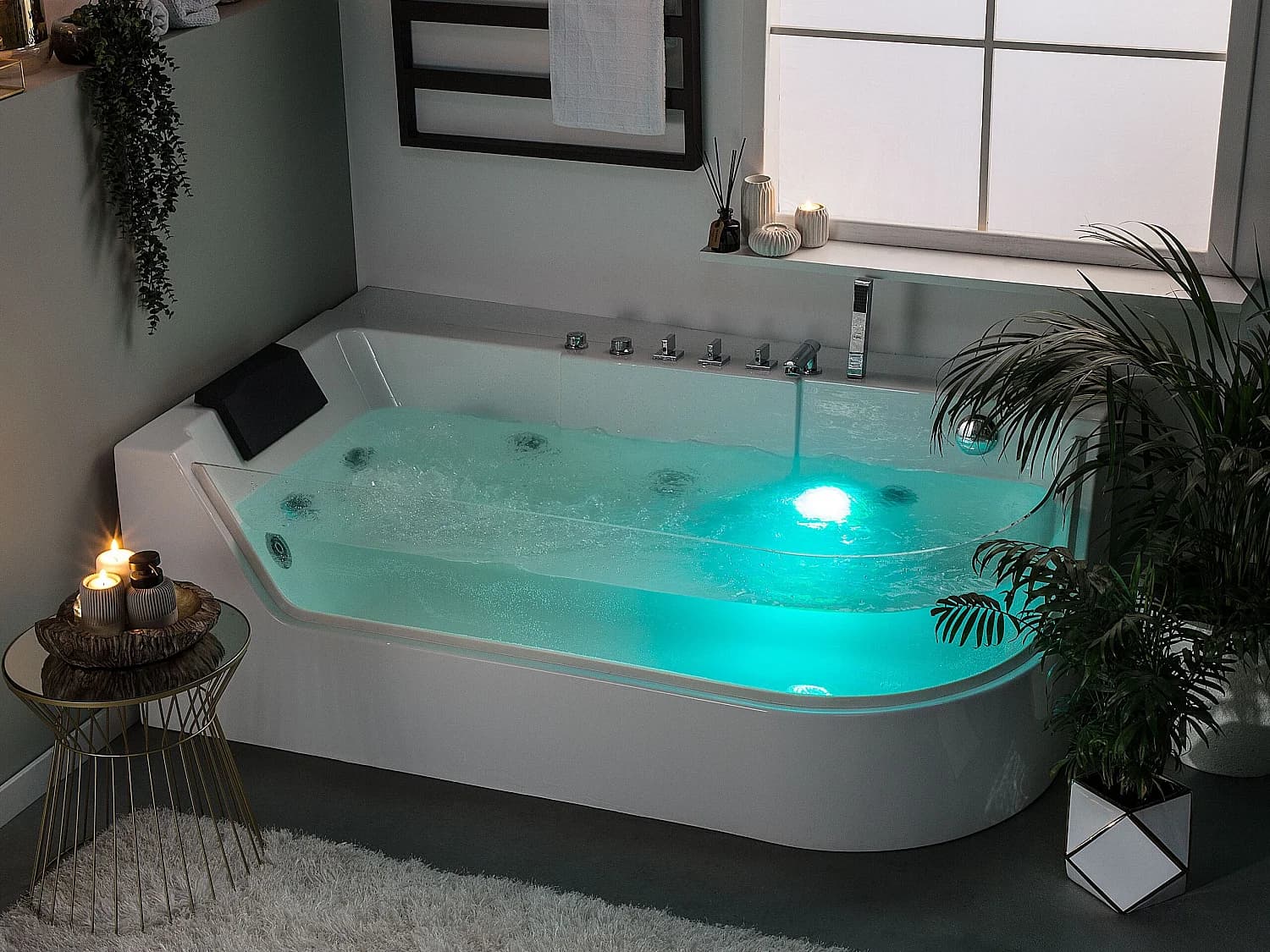 Baignoire d'angle à remous avec LED ACUARIO Côté droit 170 x 80 cm Blanc