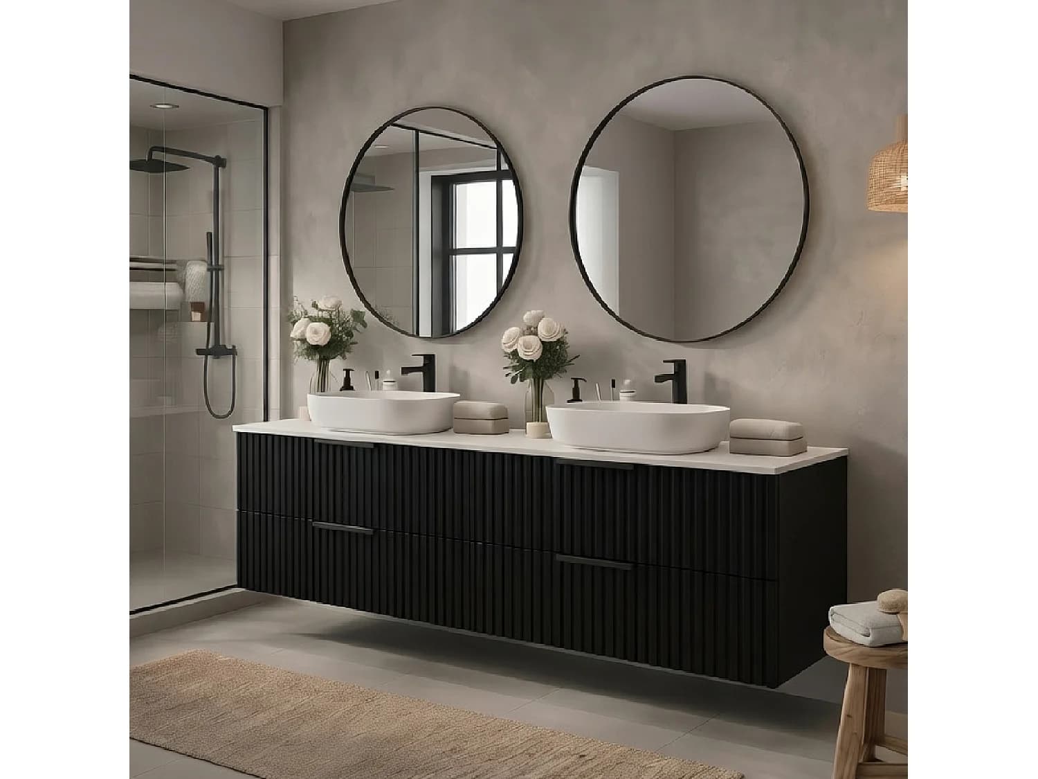 Meuble de salle de bain suspendu 120 cm avec lavabo - façade rainurée - noir mat - 4 tiroirs - TIBU