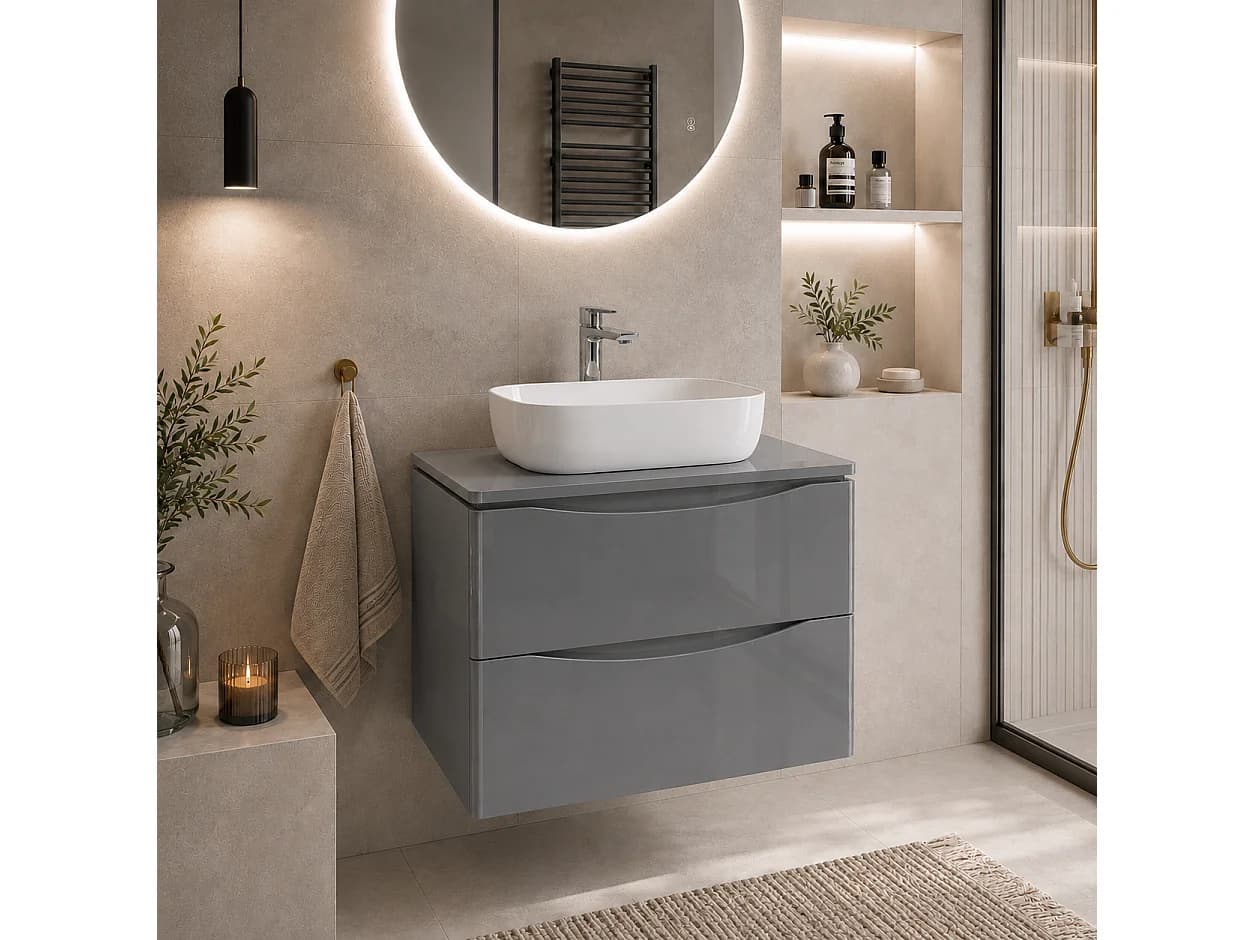 Meuble sous lavabo suspendu 2 tiroirs – gris brillant – AUSTIN – 79 x 52 x 45 cm