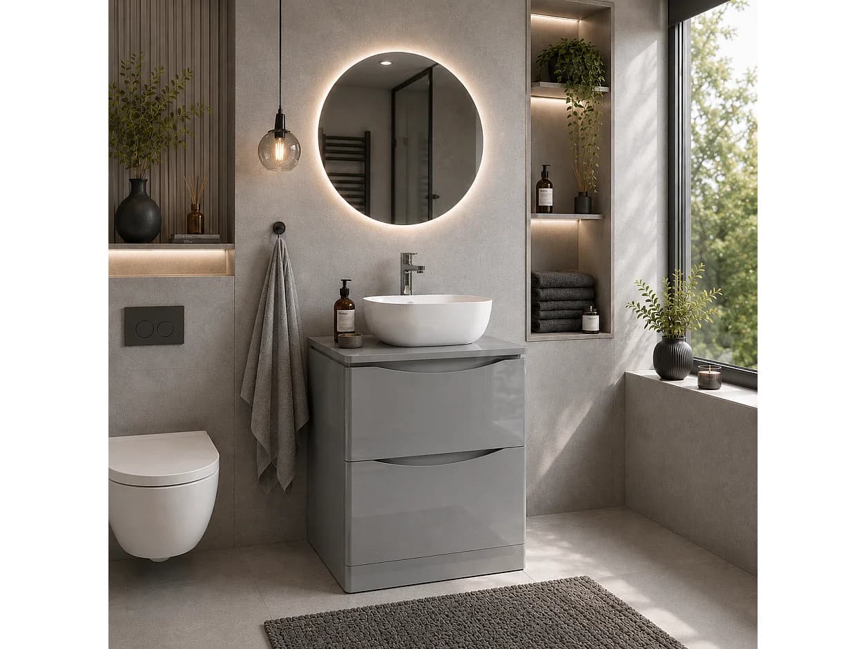 Meuble sous lavabo 2 tiroirs – gris brillant – AUSTIN – 59 x 82 x 45 cm – fermeture douce