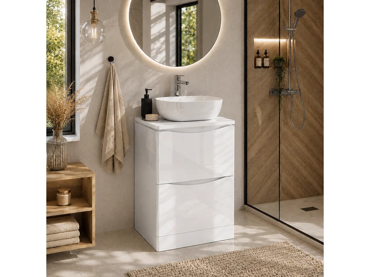 Meuble sous lavabo 2 tiroirs – blanc brillant – AUSTIN – 59 x 82 x 45 cm – fermeture douce