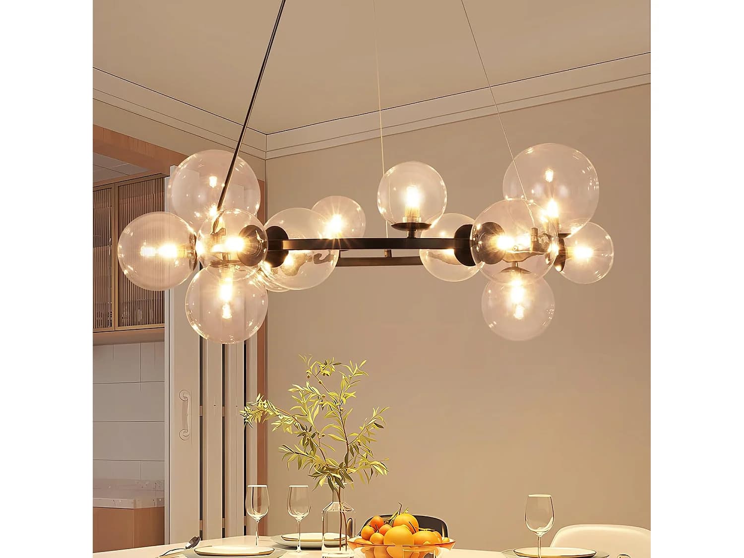 ZMH Lustre en métal et verre G9 Moderne design 14 globes Verre Transparent - L. 80 x H. 171 cm - Pour Salle à Manger Couloir Sans Ampoules