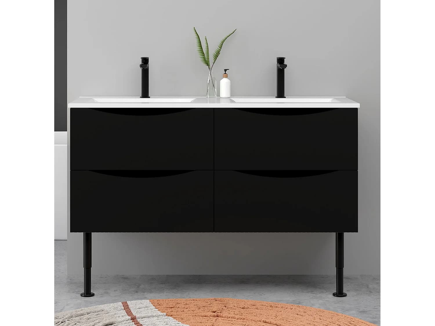 Meuble de salle de bain suspendu 120cm avec pieds + double vasque + 4 tiroirs, Noir