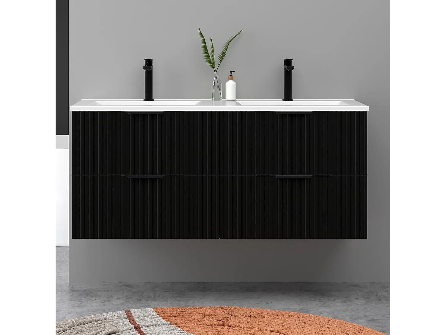 Meuble de salle de bain suspendu Strié 120cm avec poignées + double vasque + 4 tiroirs, Noir