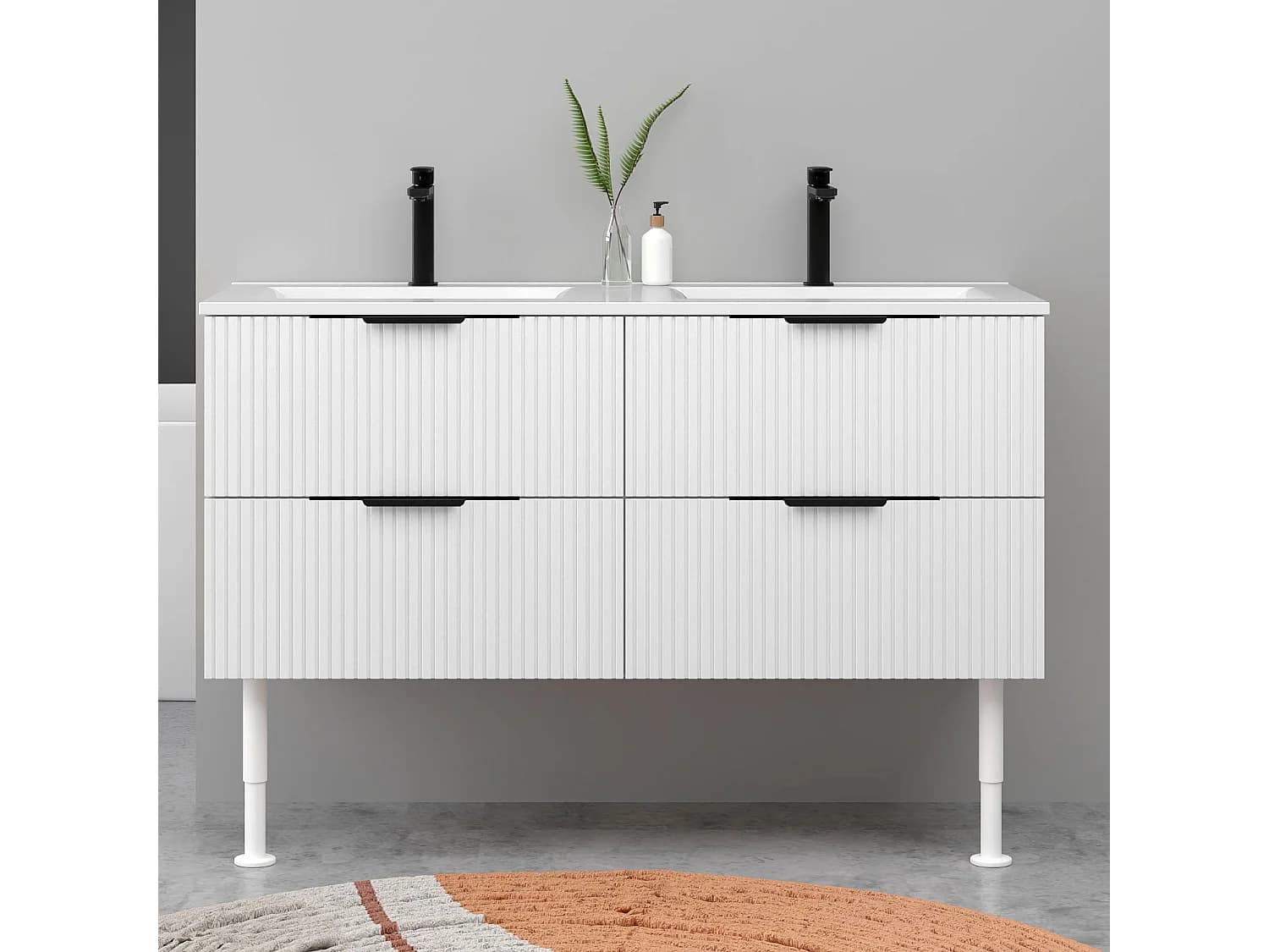 Meuble de salle de bain suspendu Strié 120cm avec pieds + poignées + double vasque + 4 tiroirs, Blanc
