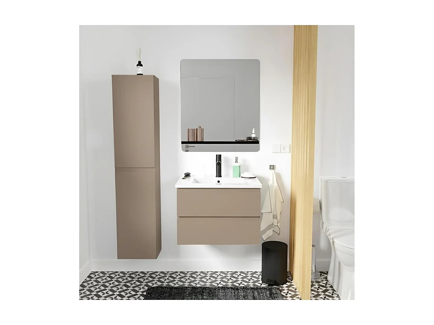Meuble simple vasque 60cm SORRENTO Décor chêne +vasque+robinet+miroir+colonne