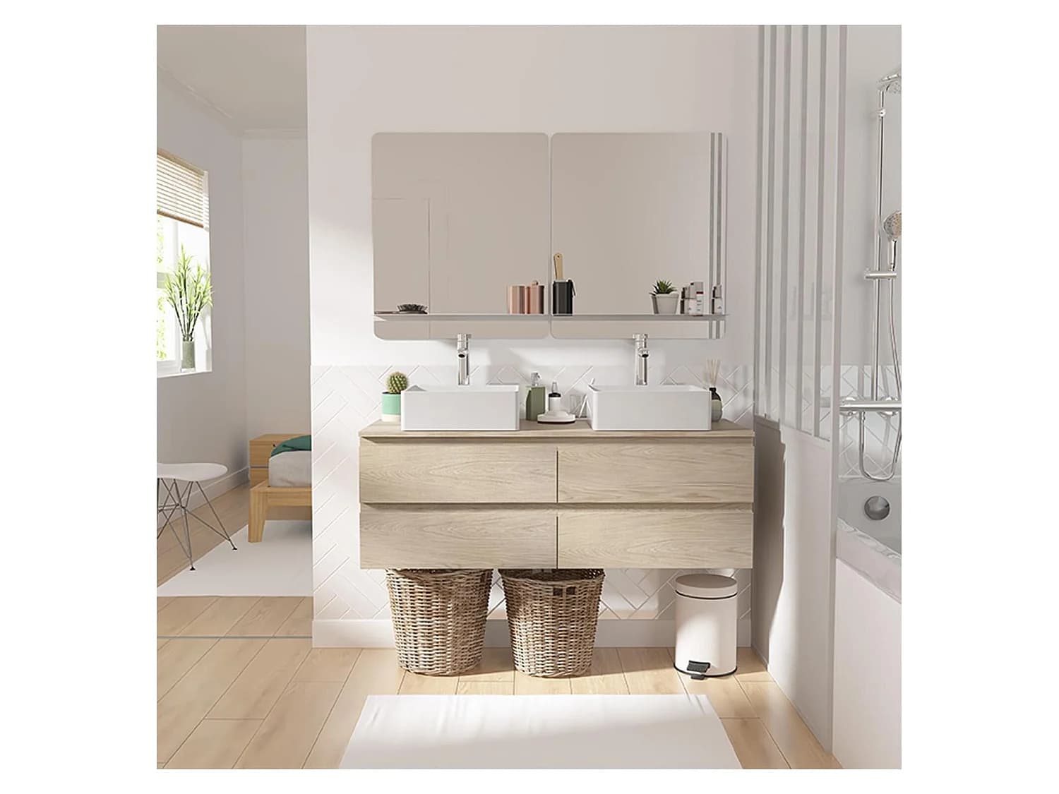 Meuble double vasque SORRENTO suspendu avec plan effet bois 120 cm