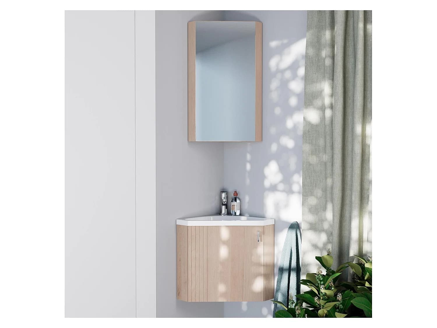 Ensemble meuble lave-mains d'angle décor chêne KODA + armoire miroir